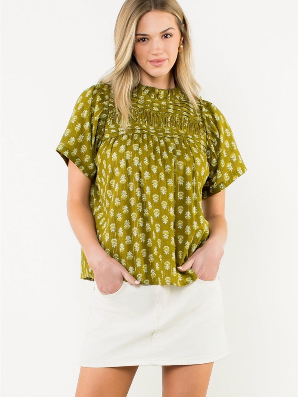 THML Green Puff Sleeve Print Top | Small